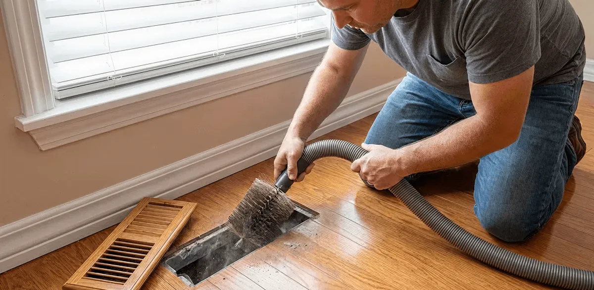 Air duct cleaning technician vacuuming a floor vent and duct opening in Memphis, TN