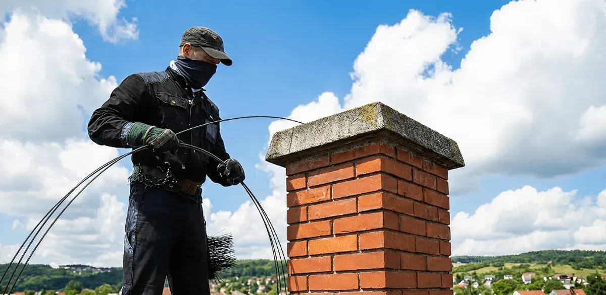 Chimney sweep cleaning a brick chimney with professional tools in Memphis, TN