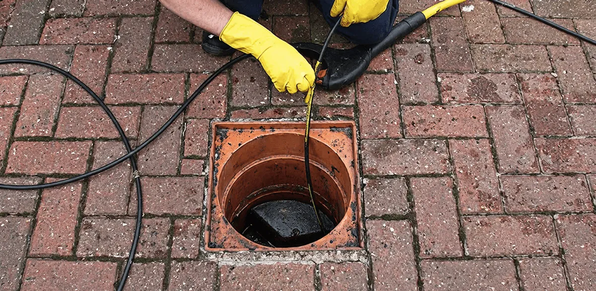 Drain cleaning technician using a drain snake to clear a clogged drain in Memphis, TN