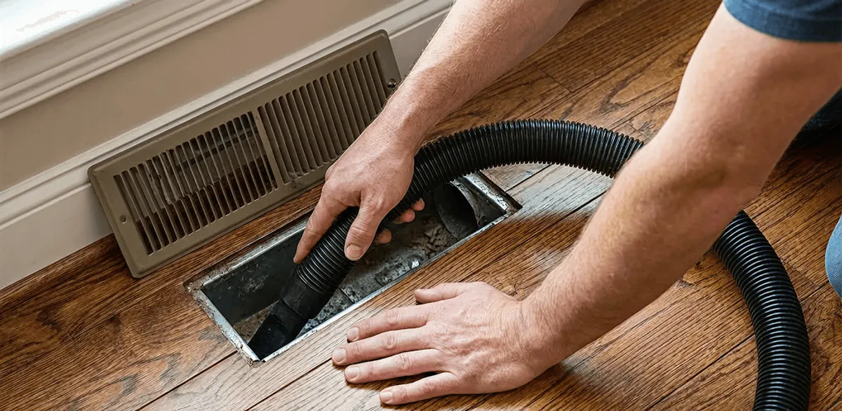 Air duct cleaning technician vacuuming a floor register and duct opening in Memphis, TN