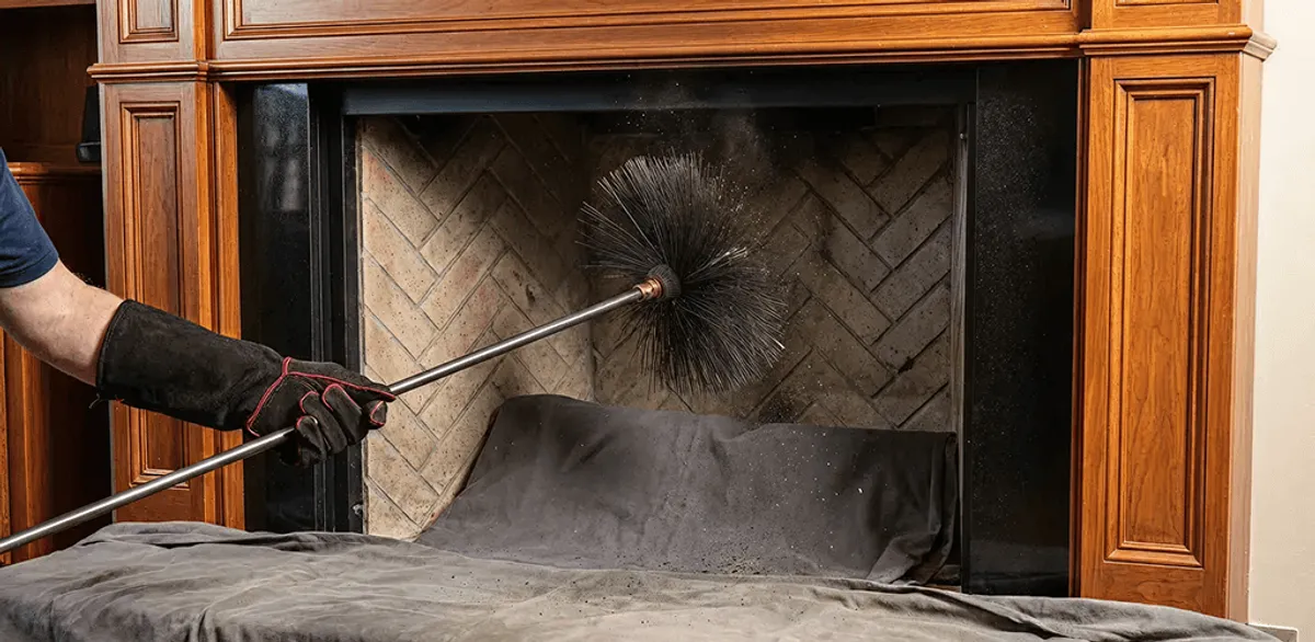 Chimney cleaning service brushing soot from a fireplace and flue in Memphis, TN