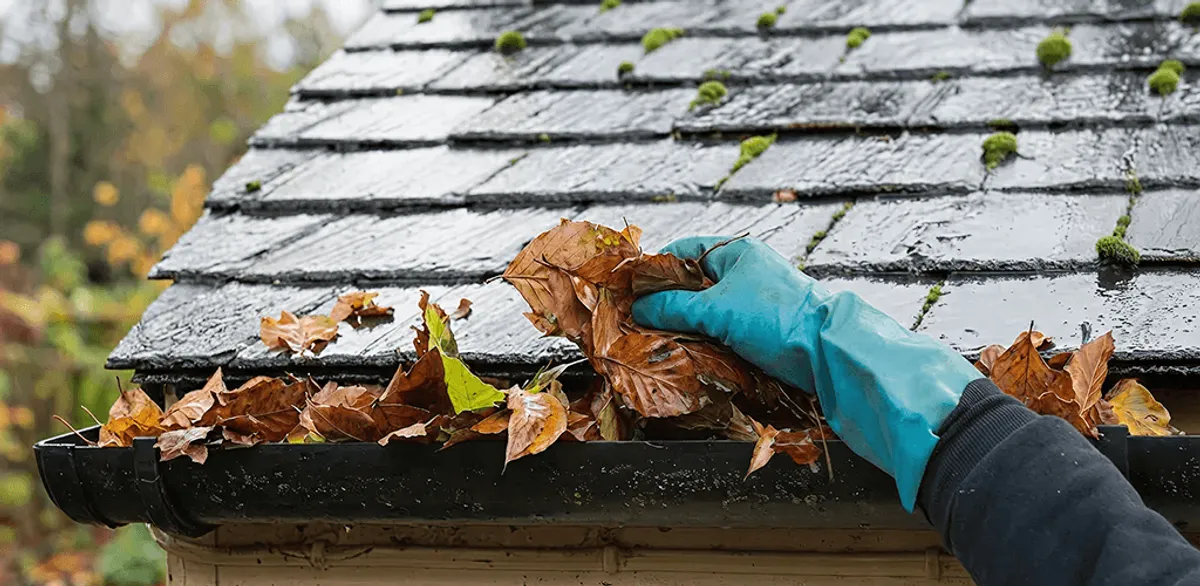 Gutter cleaning technician clearing wet leaves from roof gutters in Memphis, TN