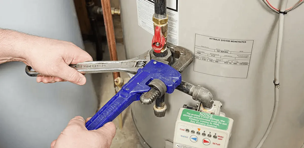 Water heater repair technician tightening the shutoff valve and supply line in Memphis, TN
