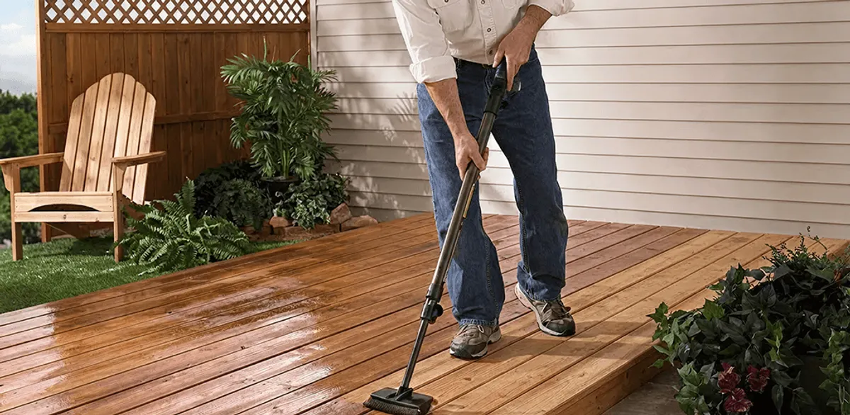 Deck staining service applying stain to a backyard wood deck in Memphis, TN